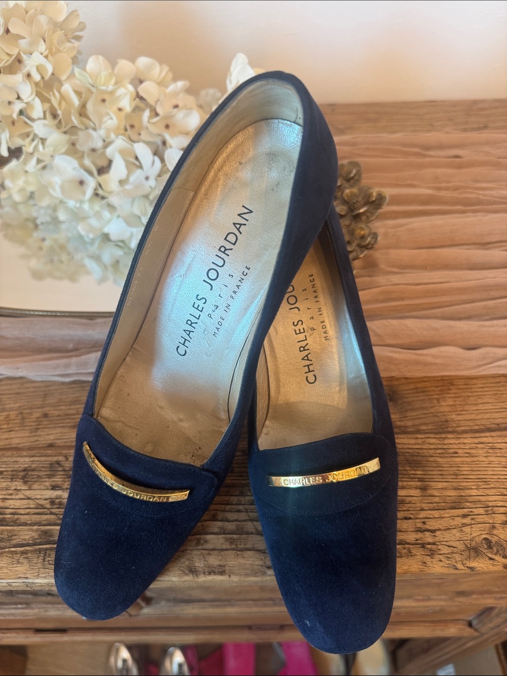 Charles Jourdan Navy Suede Loafers with Gold Accent Bar. Navy blue